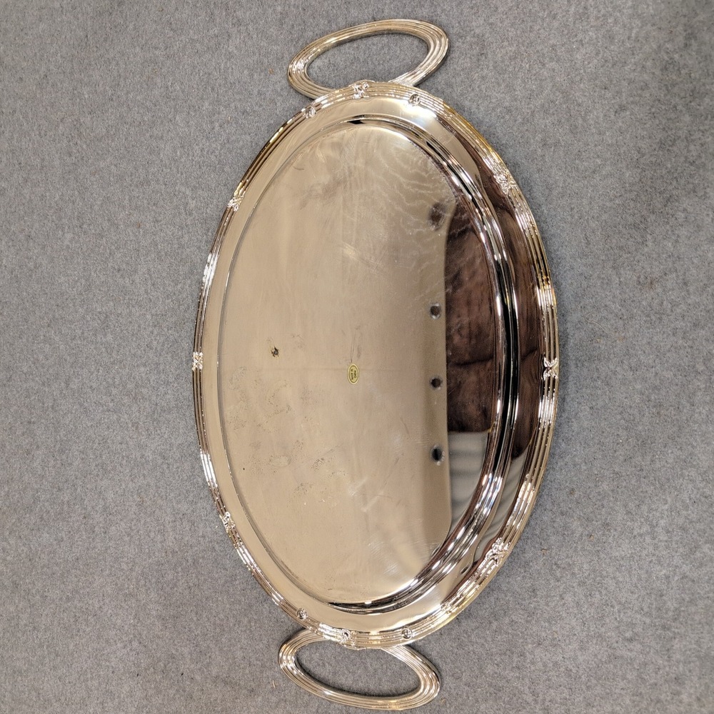 Silver Tone Oval Serving Tray with Decorative Handles Polished Mirror Finish - Picture 5 of 6